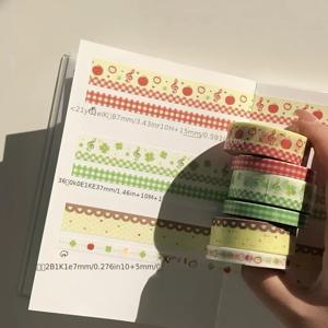 TEMU 일기 꾸미기용 한국 스타일 Ins Apple 4잎 클로버와 와시 테이프 6개 세트. 패치워크 격자 무늬와 물방울 무늬가 특징이며 프로젝트에 적합합니다.