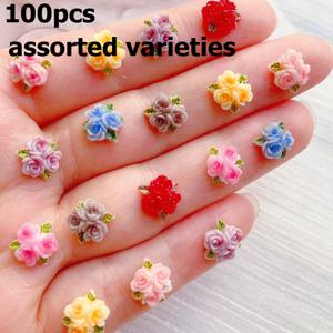 TEMU 100개 미니 수지 꽃 세트 - 플랫 백 & 삼잎 장미 부케 - 멀티컬러 스타일, 네일 아트, DIY 공예, 웨딩 데코, 주얼리 제작용 - 무취 미니어처 장미, 네일 장식, 스크랩북, 액세서리용