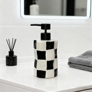 TEMU 1개 불규칙 웨이브 그리드 디자인 세라믹 비누 디스펜서 - 핸드페인팅 그리드 패턴, 리필 가능한 로션 펌프 병, 핸드 솝, 바디 워시, 샴푸에 적합, 호텔, 욕실 또는 주방용 장식 디스펜서 병