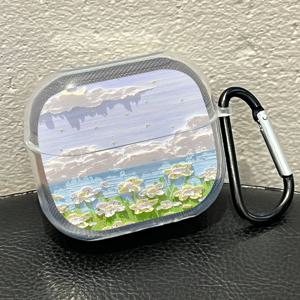 TEMU 삼성 버즈3용 유화풍 작은 흰 꽃무늬 케이스, 갤럭시 버즈3 프로용 케이스, 삼성 갤럭시 버즈3/버즈3 프로용 키체인 포함 투명 보호 커버, 낙하 방지 이어버드 케이스