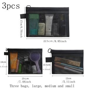 TEMU 3개 대용량 투명 메쉬 메이크업 파우치 - 휴대용 여행용 메이크업 수납백, 지퍼 잠금, 접이식 디자인으로 보관 간편, 사계절 사용 가능, 손세탁 가능, 메이크업 여행 가방, 캐주얼 스타일, 지퍼 잠금 백