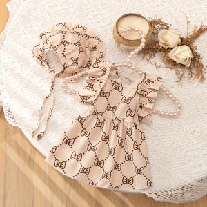 TEMU 아기 고양이와 강아지용 미소우 리본 프린트 애견 드레스 + 레이스 애견 모자 투피스 세트