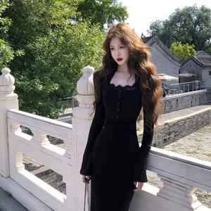 TEMU 젠틀 퍼우드 앤 섹시 티 스타일 소셜라이트 스타일 여성 여름 속옷 U넥 긴팔 강조 데보르 벨벳 드레스