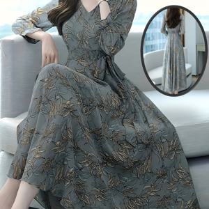 TEMU 올리브 그린 긴팔 V넥 프린트 엘레강스 A라인 벨트 드레스