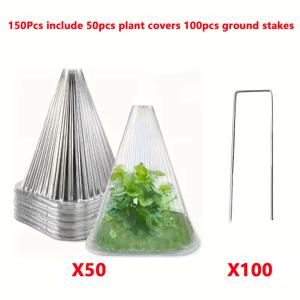 TEMU 150개 식물 보호 커버 세트 (50개 보호 커버 + 100개 접지 못지게) 재사용 가능한 미니 온실 대형 재사용 투명 플라스틱 식물 보호 콘/조명 및 지지용 수직 홈 포함, 서리, 새, 달팽이 보호