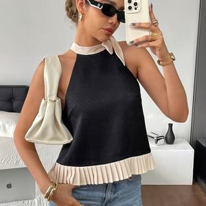 TEMU 여성용 스타일리시 여름 의상. 해변 휴가에 완벽한 홀터넥 상의, 컬러 블록 홀터넥, 러플 디테일과 백 컷아웃이 있는 블랙 캐주얼 셔츠가 특징입니다. 일상 외출, 짧은 여행, 해변 휴가에 이상적입니다.