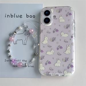 TEMU 아이폰 11 12 13 17 프로 맥스용 투명 화이트 라이트 페인팅 꽃무늬 토끼 체인 휴대폰 케이스