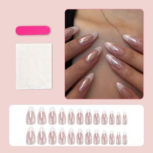 TEMU 24개 화이트 포인티드 프레스온 네일 팁, 미디엄 아몬드 모양 네일, 아몬드 모양 아크릴 네일, 여성용 인조 네일, 자연스러운 포인티드 네일, 크롬 엔드 디자인, 12가지 사이즈, 여성용, 파티, 결혼식, 졸업식 등에 적합