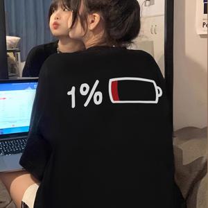 TEMU 슬로이 여성용 여름 캐주얼 우아한 루즈핏 롱라인 티셔츠 1% 배터리 그래픽 프린트 - 블랙 라운드 넥 반팔 탑, 편안한 착용감, 유쾌한 디자인, 부드러운 원단