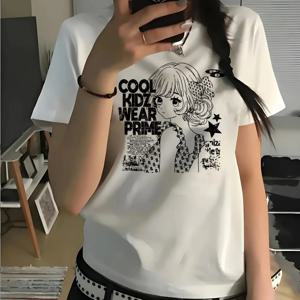 TEMU 여성 캐주얼 반팔 티셔츠 귀여운 만화 프린트 - 부드럽고 통기성이 좋은 폴리에스터 블렌드, 라운드 넥, 정상 핏, 봄/여름 캐주얼 의상에 완벽, 일상 티셔츠 재미있는 프린트 티 편안한 핏