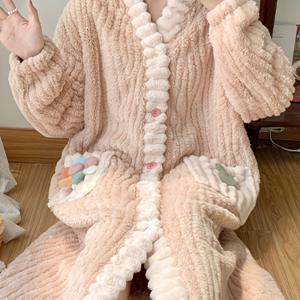 TEMU 여성 가을겨울 신상 세트 잠옷 코랄플리스 롱 가디건 보온 수면복 홈웨어 귀여운 파자마