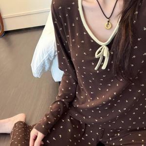 TEMU 플로럴 벨트 체스트 패드 2025 겨울 신상 여성 홈웨어 파자마