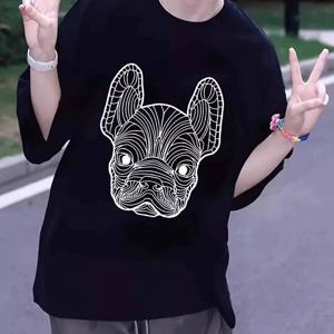 TEMU 여성용 프렌치 불독 라인 아트 그래픽 티셔츠 - 100% 면 Y2K 패션 라운드 넥 반팔, 귀엽고 우아한 캐주얼 탑, 사계절용, 세탁기 사용 가능, 편안한 핏