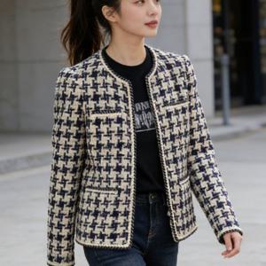 TEMU 여성 오피스룩 데일리 봄가을 트위드 체크 숏자켓 라운드넥 슬림핏 포켓 디테일 데일리 우아한 슬림소녀 SLIM GIRL