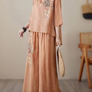 TEMU 여성 얇은 캐주얼 라운드 면마 엄마세트 자수 루즈핏 빈티지 중년 반팔 티셔츠 바지 투피스 실내복 슬림소녀 SLIM GIRL