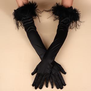 TEMU 여성용 롱 블랙 할로윈 코스튬 1920년대 새틴 장갑, 오페라 무대 새틴 커프 및 깃털 장식