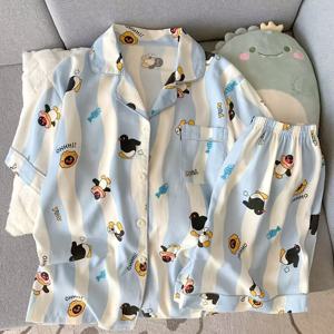 TEMU 여성 여름 얇은 반팔 반바지 만화 펭귄 귀엽고 사랑스러운 여름 외출복 집복 세트 투피스 라펠 잠옷 세트 반팔 반바지 귀여운 집복 외출복으로도 입기 좋음