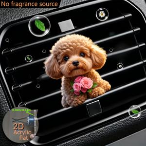 TEMU 2D 평면, 1개 귀여운 테디 강아지 꽃 들고 있는 아크릴 에어벤트 클립 - 무취 향기 디퓨저, 자동차 대시보드, SUV, 실내용 - 클립 설치, 향기 소스 미포함 (애완동물용), 2D 평면