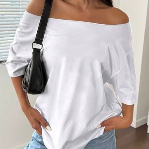 TEMU 여성용 심플 단색 깔끔한 핏의 루즈핏 원숄더 티셔츠, 봄/여름용, 데일리 편안한 활용도 높은 캐주얼 스포티한 반팔 상의