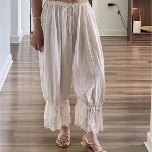 TEMU 레이스 스티치 로우라이즈 하렘 팬츠 | 캐주얼 롱 기장, 러플 디테일, 올 시즌 솔리드 컬러