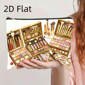 TEMU 화장 브러시, 립스틱, 아이섀도우, 파운데이션, 블러셔 파우더 패턴 디자인 요소가 특징인 골드색 메이크업 세트 파우치. 가볍고 접이식이며 지퍼가 달린 이 화장품 및 세면도구 가방은 세탁기 사용이 가능하다. 휴대용 수납 솔루션이자 우아한 액세서리로 활용 가능