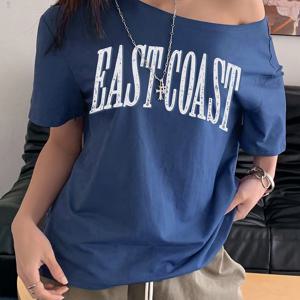 TEMU 새로운 아메리칸 스타일 여성용 여름 오프숄더 캐주얼 스포티 반팔 티셔츠, 레터 프린트 및 크로스오버 숄더 넥라인