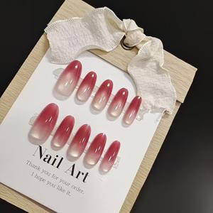 TEMU 로맨티시즘 10개입 석류 버번트 레드 가을 겨울 화이트 그라데이션 레드 베리 컬러 순수 수제 인조 네일 고급 빛나는 유리 구슬 캣아이 부드러운 기질 트렌드 새해 착용 네일 발렌타인데이 데이트 네일 아트