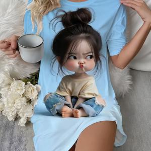 TEMU 귀여운 여성스러운 인물 프린트 | 편안한 반팔 크루넥 나이트 드레스 및 성인용 썬드레스, 봄/여름에 완벽