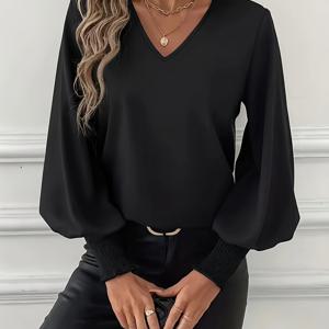TEMU 여성용 우아한 단색 랜턴 슬리브 셔츠 - 아름다운 V넥 긴팔 상의, 집게 커프스, 봄, 가을에 캐주얼 또는 패셔너블한 의상에 적합한 간편한 긴팔 블라우스. 시크한 캐주얼 웨어