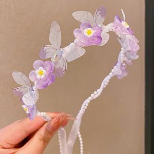 TEMU 리본이 달린 우아한 꽃 화환 헤어밴드, 여성을 위한 공주 나비 땋은 머리 액세서리, 매우 은은하고 모발에 자극이 적은 다용도 장식