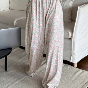 TEMU 여성용 우아한 루즈핏 레그 나이트가운 팬츠 - 전신길이 수면복, 신축성 있는 허리밴드, 사계절 착용 가능한 중국식 파자마, 세탁기 사용 가능한 편안한 라운지 팬츠