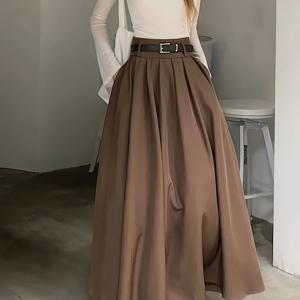 TEMU 여성용 하이웨이스트 플레어 A라인 스커트 - 슬리밍 플레어드 헴 포켓, 벨트 필요 없음, 기계 세탁 가능 솔리드 컬러 다용도 봄 여름 캐주얼 & 정장 스커트, 매일 착용 가능한 패션 | 부드러운 원단