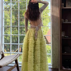 TEMU 프렌치 스타일 헤비듀티 멀티 레이어 툴 케이크 스커트, 새로운 봄/여름 신축성 하이웨이스트 루즈 그린 롱 플레어 드레스, 크리스마스 새해 발렌타인데이 드레스, 데일리웨어 및 파티 웨딩에 적합