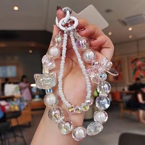 TEMU 새로운 짧은 손목 스트랩 폰 랜야드 - 카툰 고양이 낙서 참, 캔디 컬러 비즈 체인, 핸드백 체인 팔찌