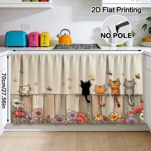 TEMU 2D 플랫 - 2D 플랫 - 울타리에 2D 플랫 스프링 고양이가 있는 장식 커튼 및 캐비닛 디자인 1개. 간편한 설치를 위한 로드 포켓이 포함되어 있으며 세척이 용이합니다. 욕실, 라운지, 침실에 적합한 스타일리시한 프린트입니다.