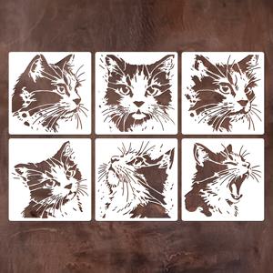 TEMU 6개 고양이 얼굴 스텐실 - 재사용 가능한 PET 고양이 머리 템플릿 (귀, 눈, 코, 입) DIY 공예, 파티 장식, 패브릭 & 벽 아트용 - 핸드드로우 낙서, 6.0 X 6.0 인치