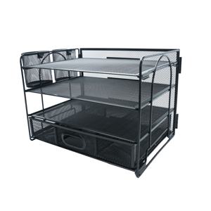 TEMU 4단 트레이 탁상용 파일 정리함 겸 펜 홀더 | 서랍과 2개의 펜 홀더가 있는 용지 레터 트레이 | 메쉬 사무용품 책상 정리함 (블랙)