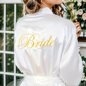 TEMU 여성용 우아한 긴팔 신부 가운 - 핑크 새틴 나이트가운, 골든 