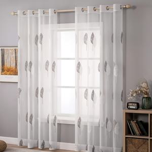 TEMU 2개입 시어 커튼 패널, 회색 및 흰색 자수 잎, 침실 및 거실용 우아한 링형 윈도우 드레이프