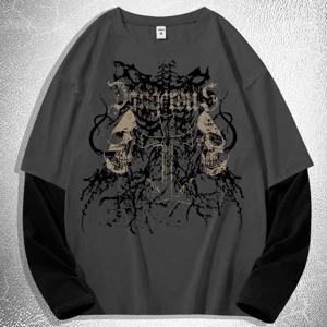 TEMU 다크 스컬 남성용 컬러 블록 긴팔 티셔츠