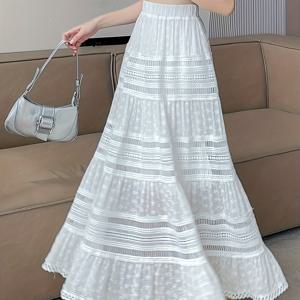 TEMU 자수 디테일이 있는 우아한 화이트 레이스 A라인 맥시 스커트 - 통기성 폴리에스터, 봄/가을용 반투명