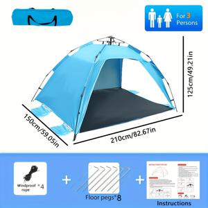 TEMU 3인용 비치 텐트, 3초 빠른 설치, 2개의 문 및 통풍구, 사계절 야외 캠핑 및 휴가용 경량 자동 오픈 디자인 (블루)