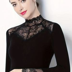 TEMU 여성용 봄/가을 레이스 하이넥 홀로우 긴팔 티셔츠, 우아하고 섹시한 신축성 있는 베이스 레이어