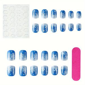 TEMU 24개입/세트 블루 글리터 짧은 광택 프레스온 네일, 크리스마스 눈송이 패턴 인조 네일 세트, 프렌치 스타일 심플하고 귀여운 네일 스티커, 여성용 및 네일 아트 장식용
