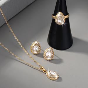 TEMU 여성용 빈티지 엘레강스 18K 금도금 라인스톤 주얼리 트리오 - 물방울 귀걸이, 목걸이 & 매칭 링, 아연 합금 반짝이 콤보, 일상 및 특별한 날에 적합