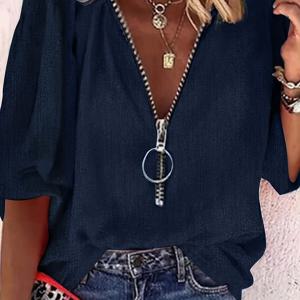 TEMU 지퍼업 V넥 우아한 셔츠, 편안하고 스타일리시한 삼분의 소매, 휴가·캐주얼·오피스웨어에 적합
