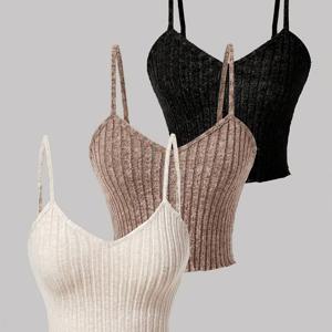 TEMU 3팩 단색 탱키니 크롭 탑, 여름 캐주얼 민소매 V넥 레터스 트림 숄더 스트랩 여성 탱키니