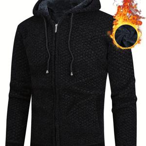 TEMU 남성 캐주얼 쉐닐 플리스 니트 후드티 - 포켓이 있는 패션 지퍼 가디건, 긴소매, 단색 - 가을 및 겨울에 완벽한 선택