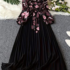 TEMU 플러스 사이즈, 플러스사이즈 여성용 라운드넥 플리츠 타이업 긴팔 드레스