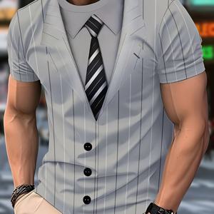 TEMU 남성용 3D 프린팅 캐주얼 라운드넥 반팔 티셔츠 - 폴리에스터, 세탁기 사용 가능, 독특한 체크 디자인